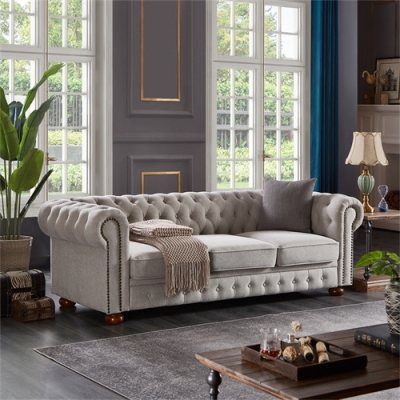 3 Seaters Mid Century Chesterfield sofa in linen fabric for Living Room Villa