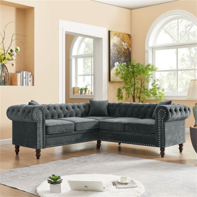 Custom Button Tufted Upholstered Roll Arm Chair Luxury Classic Chesterfield L-shaped Sofa