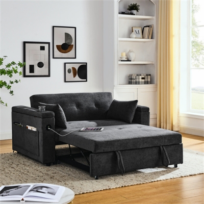 Wholesale Chenille Fabric Double Seat Recliner Adjustable Backrest Sleeper Pull Out Sofa Bed with USB Charger for Apartment