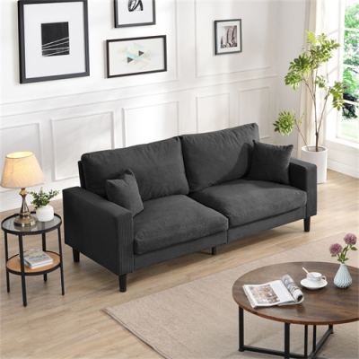 Living Room Bedroom Apartment Dark Gray Corduroy High Resilience 3 Seater Sofa Wooden Frame Sofa Comfy Modern Upholstered Sofa